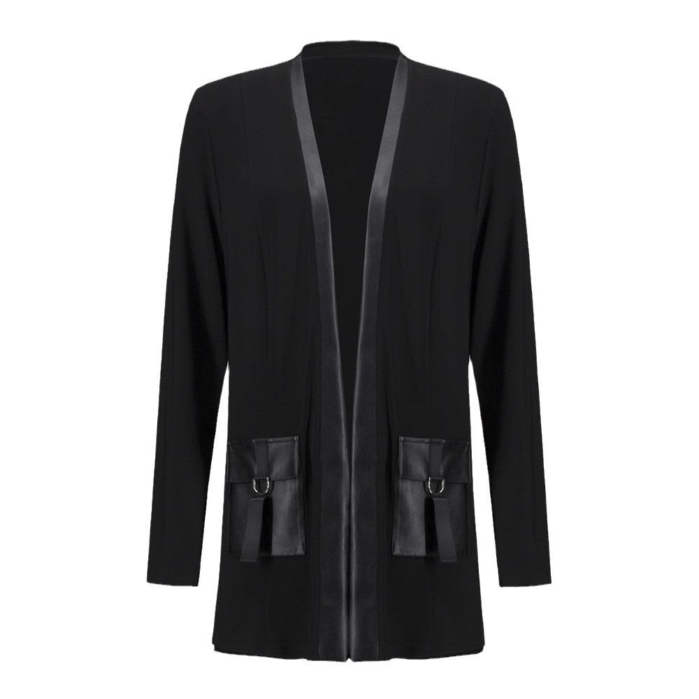 Damen nan offener Jersey-Cardigan mit Lederimitat-Besatz und D-Ring-Taschen Echo Archiv