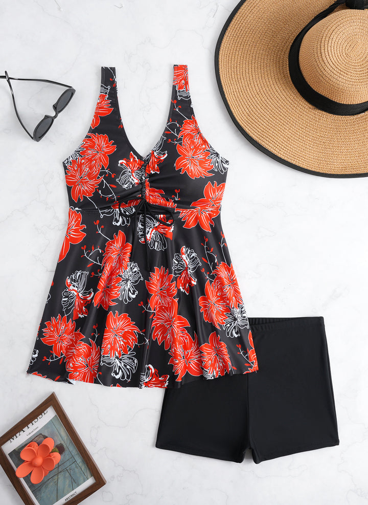 Damen Tankini-Set mit modischem Volant und grafischem Pfauenmuster Echo Archiv