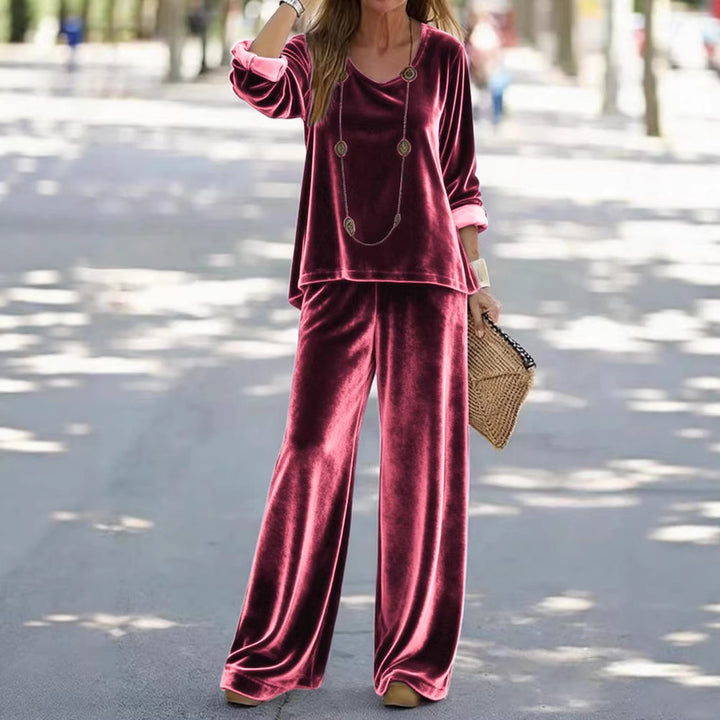 Damen Elegantes Samt-Zweiteiler Lounge-Set mit V-Ausschnitt und weitem Bein – Élanora