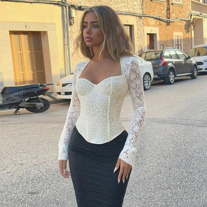 Damen elegante Spitzenbluse mit langem Arm und tailliertem Schnitt Echo Archiv