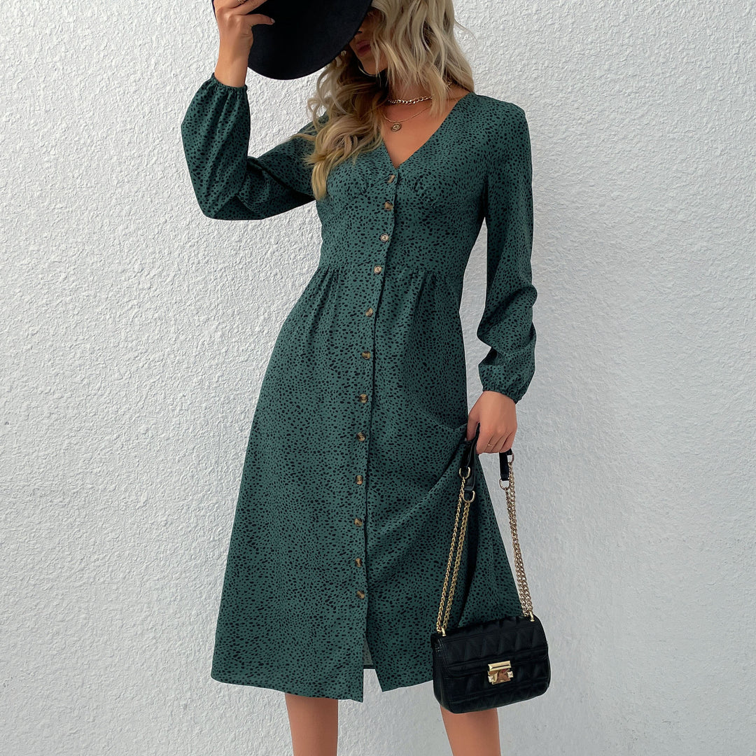 Damen V‑Ausschnitt Midikleid mit Knopfleiste, taillierter Schnitt und Ballonärmeln Echoarchiv