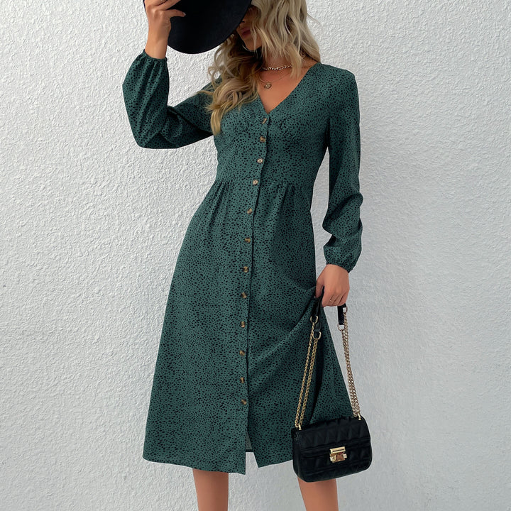 Damen V‑Ausschnitt Midikleid mit Knopfleiste, taillierter Schnitt und Ballonärmeln Echoarchiv