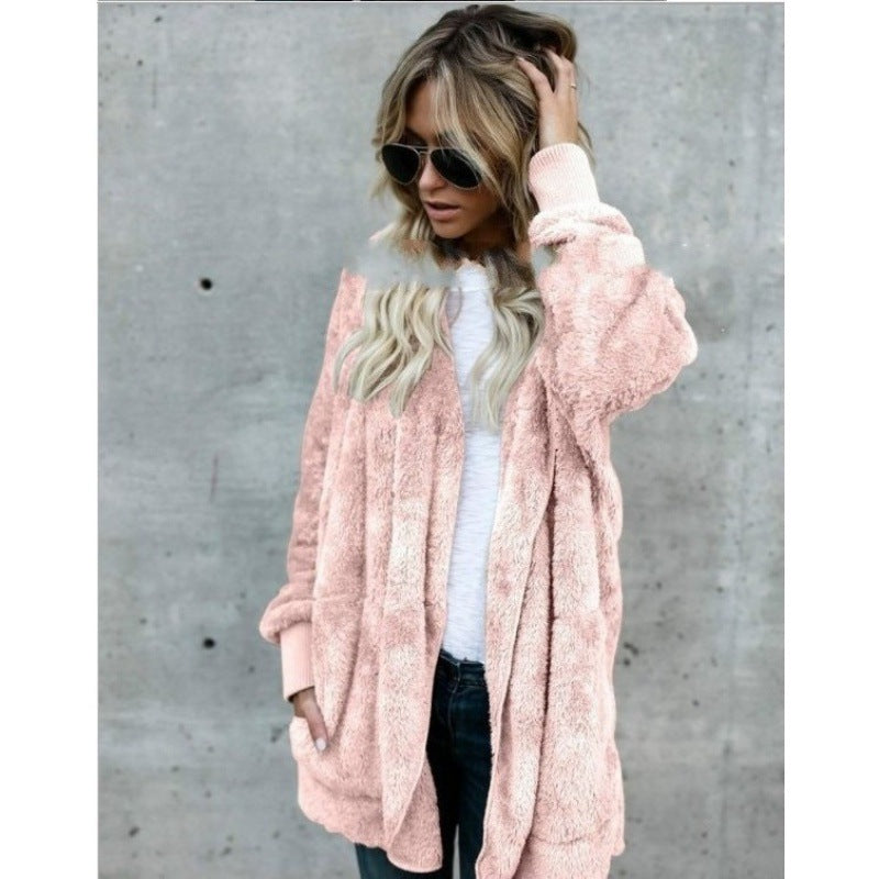 Damen Kuschelige Teddy‑Fleece‑Cardigan mit Kapuze, Oversize‑Schnitt und aufgesetzten Taschen – Veloura