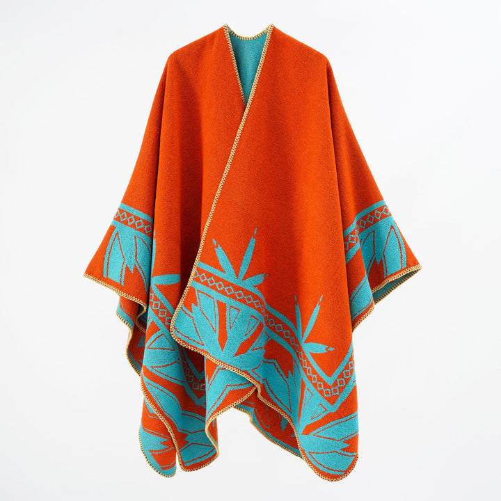 Damen Grobgewebter Umhangponcho aus Wollmix mit V-Ausschnitt und Ornamentjacquard – Veloura