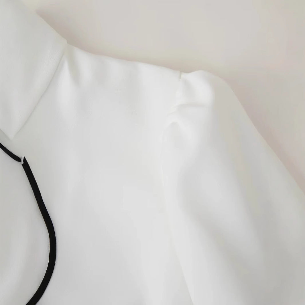Damen tailliertes A-Linienkleid mit Stehkragen, Schleifendetail und kontrastpaspel – Élara