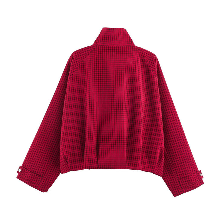 Damen Karierter Cropped-Blouson mit hohem Stehkragen, weitem Schnitt und Druckknopfmanschetten Echo Archiv