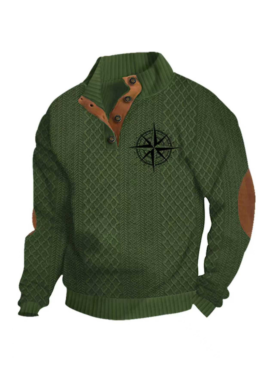 Herren nan Heritage-Strukturpullover mit Stehkragen Lederimitat-Besatz Ellenbogen-Patches und Halbknopfleiste Echo Archiv