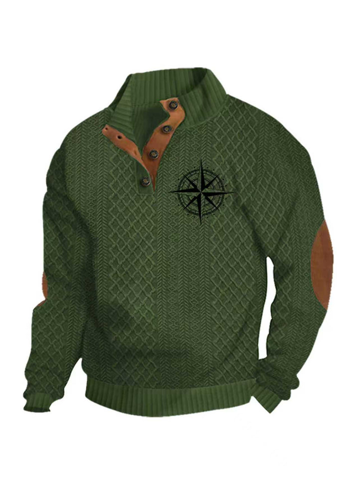 Herren nan Heritage-Strukturpullover mit Stehkragen Lederimitat-Besatz Ellenbogen-Patches und Halbknopfleiste Echo Archiv