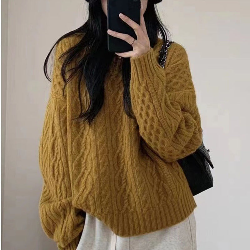 Damen Oversize Zopfmuster‑Pullover mit Rundhalsausschnitt und lässiger Schulterpartie Echoarchiv