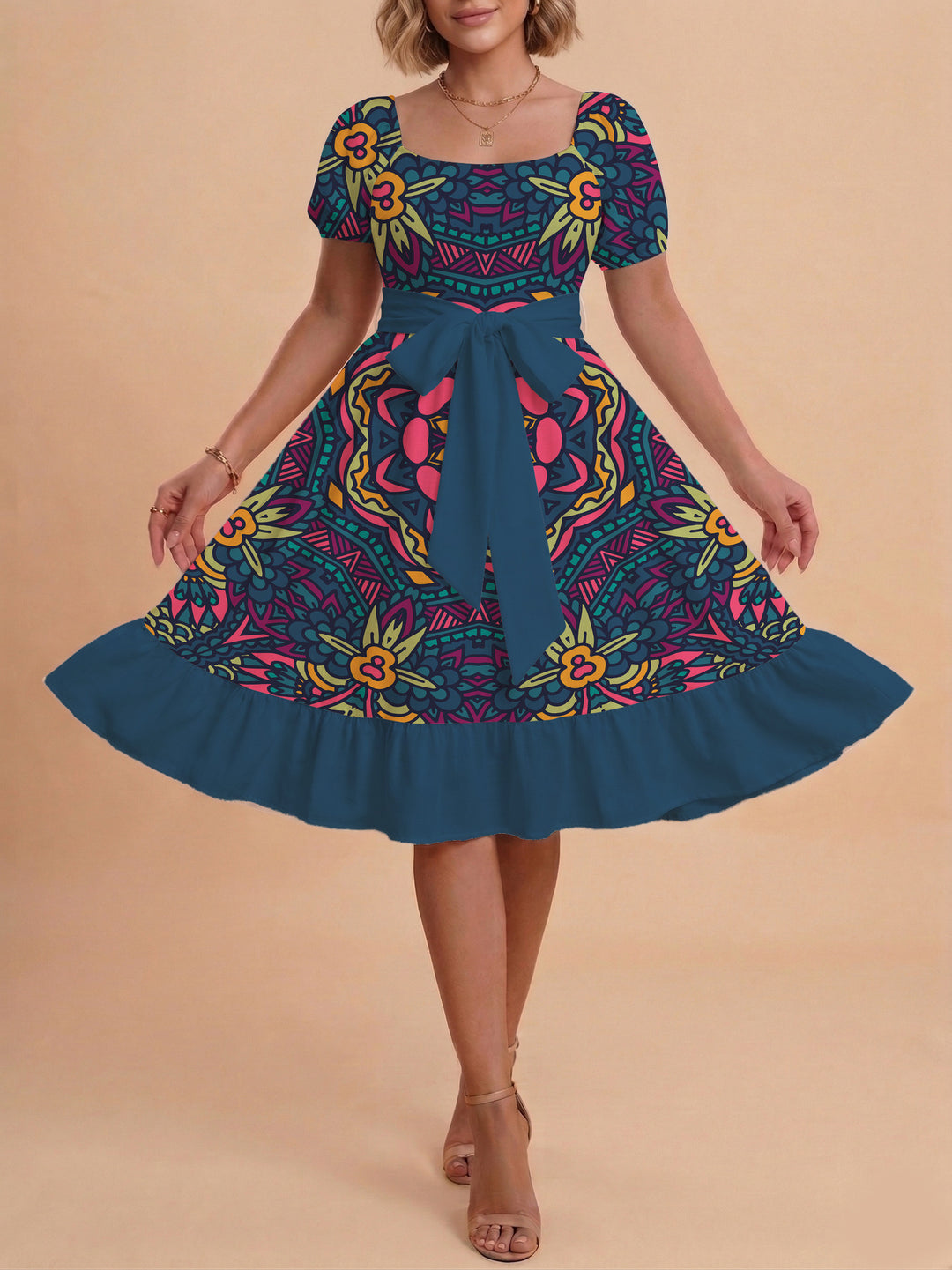 Damen A-Linien-Kleid mit floralen Motiven und taillierbarem Gürtel Echo Archiv