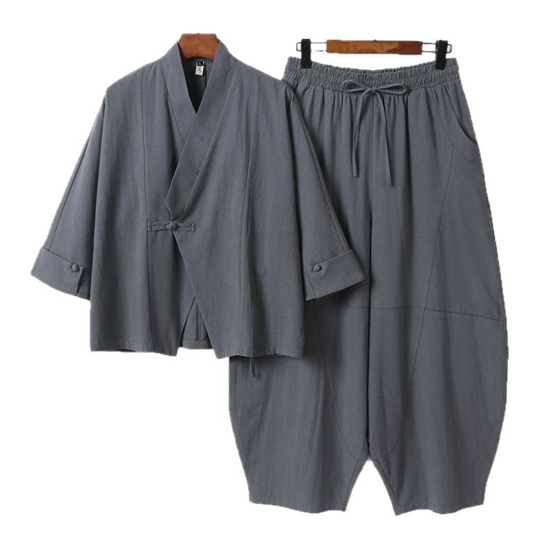 Herren Minimalistisches Kimono-Lounge-Set aus atmungsaktivem Baumwollmix mit ballonförmiger Bundhose Echoarchiv