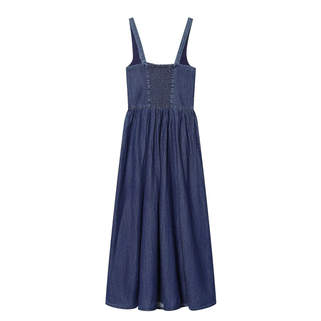 Damen Denim Maxikleid mit schwingendem Rock und verstellbaren Trägern Echo Archiv