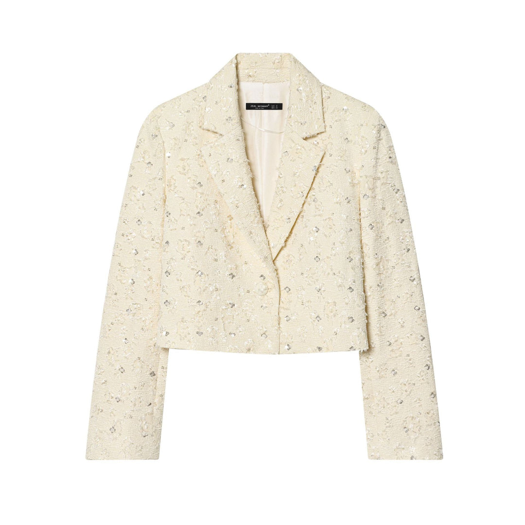 Damen Kurzer Bouclé-Blazer mit Paillettenbesatz und Reverskragen Echoarchiv