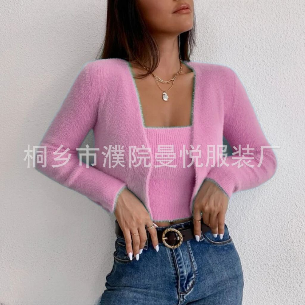 Damen Zweiteiler Cropped Spaghettiträger-Top mit Kurzcardigan aus weichem Feinstrick – Veloura