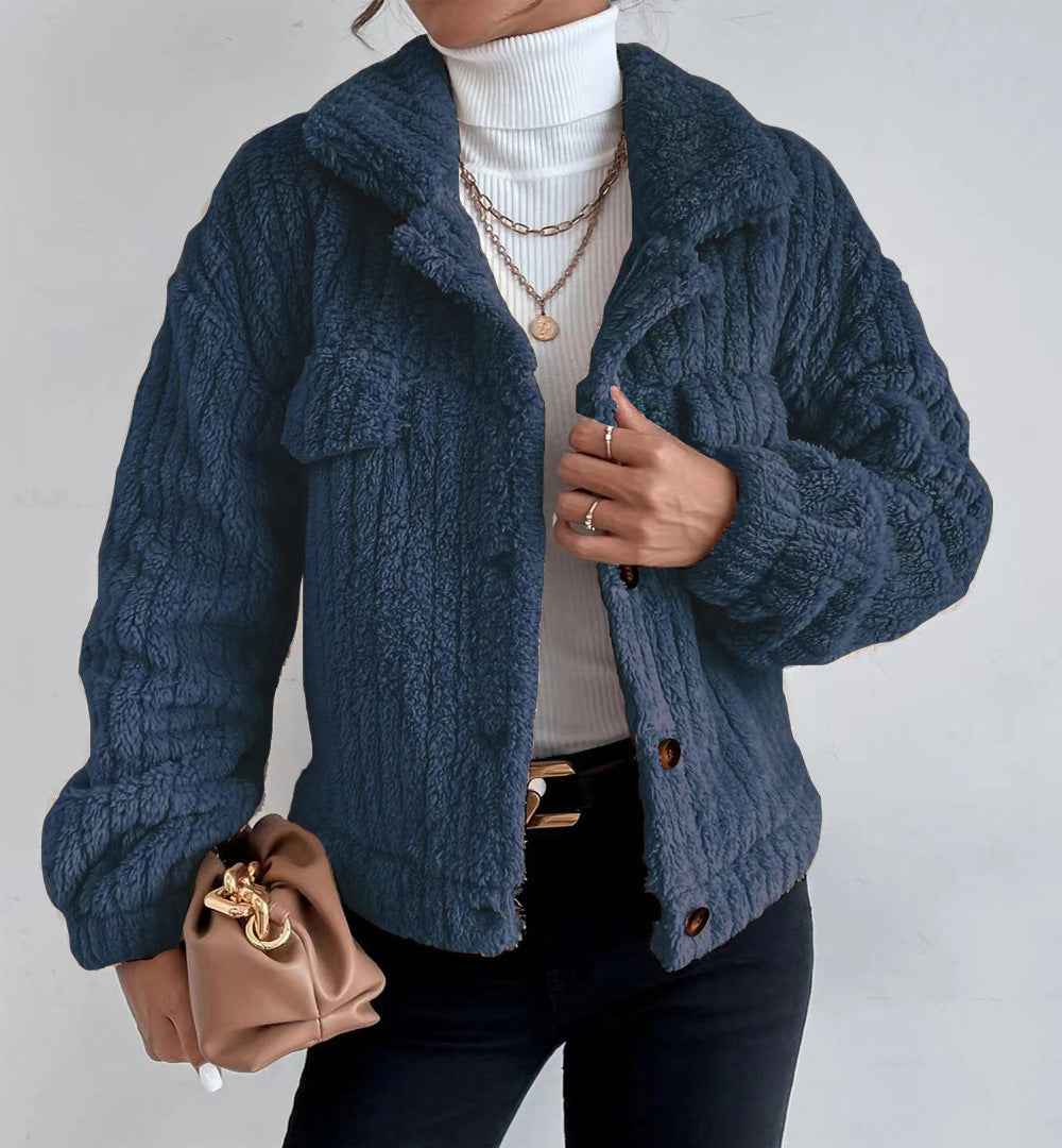 Damen nan kuschelige Teddyjacke mit Hemdkragen, Druckknopfverschluss und aufgesetzten Brusttaschen Echo Archiv