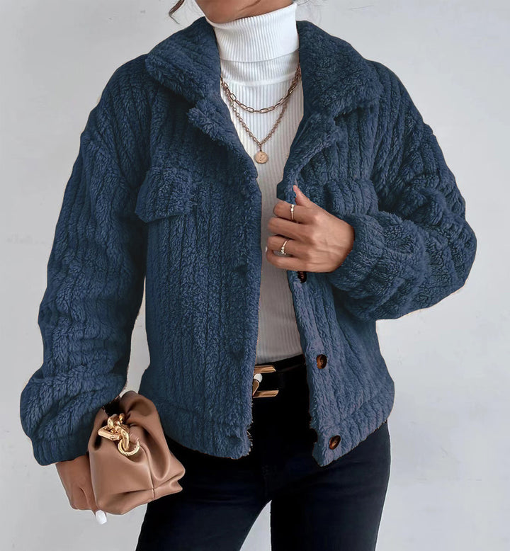 Damen nan kuschelige Teddyjacke mit Hemdkragen, Druckknopfverschluss und aufgesetzten Brusttaschen Echo Archiv