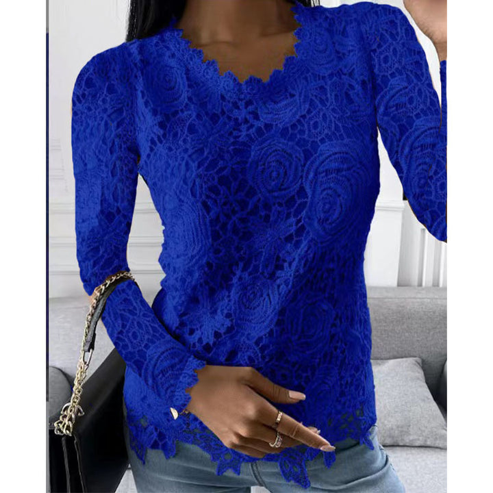 Damen nan figurbetonte Spitzenbluse mit floraler Allover-Spitze, Langarm und gezacktem Saum Echo Archiv