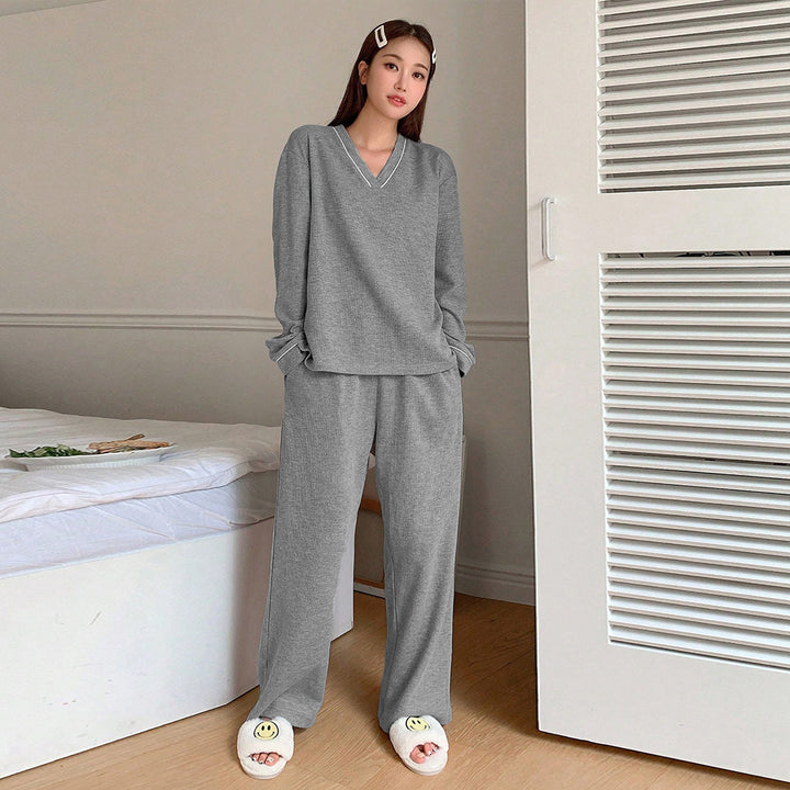 Damen gemütliches V-Neck Lounge-Set mit weitem Palazzohose-Schnitt aus weichem Jersey – Élanora