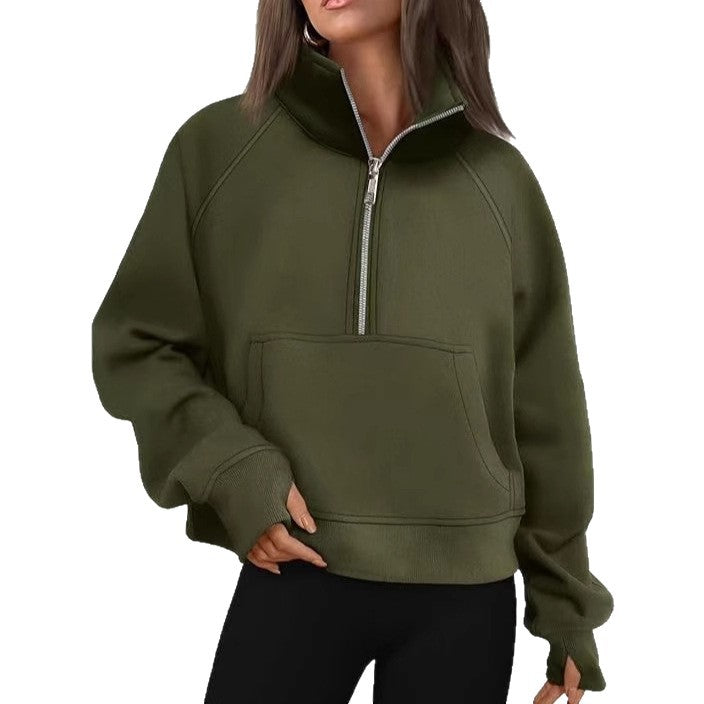 Damen nan kurzer Halfzip-Sweater mit hohem Stehkragen, Kängurutasche und verlängerten Daumenlöchern Echo Archiv