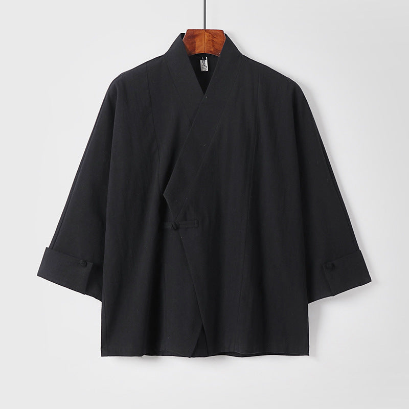 Herren Leinen-Kimono-Jacke mit traditionellem Knotenverschluss und mittel-langen Ärmeln Echoarchiv