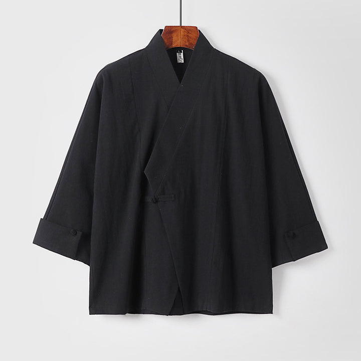 Herren Leinen-Kimono-Jacke mit traditionellem Knotenverschluss und mittel-langen Ärmeln Echoarchiv