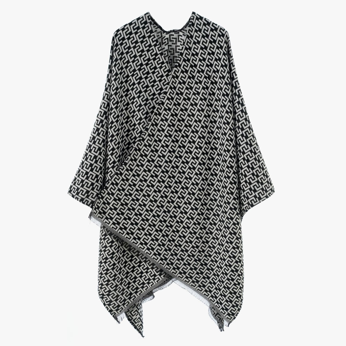 Damen Gewebter Jacquard‑Wickelponcho mit geometrischem Allovermuster und feinem Fransensaum – Célinea