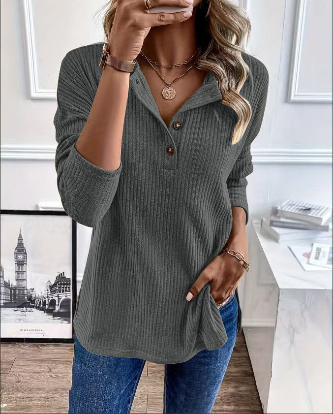 Damen Gerippter Longsleeve-Pullover mit Henley-Kragen und lässiger Tunika-Passform Echoarchiv