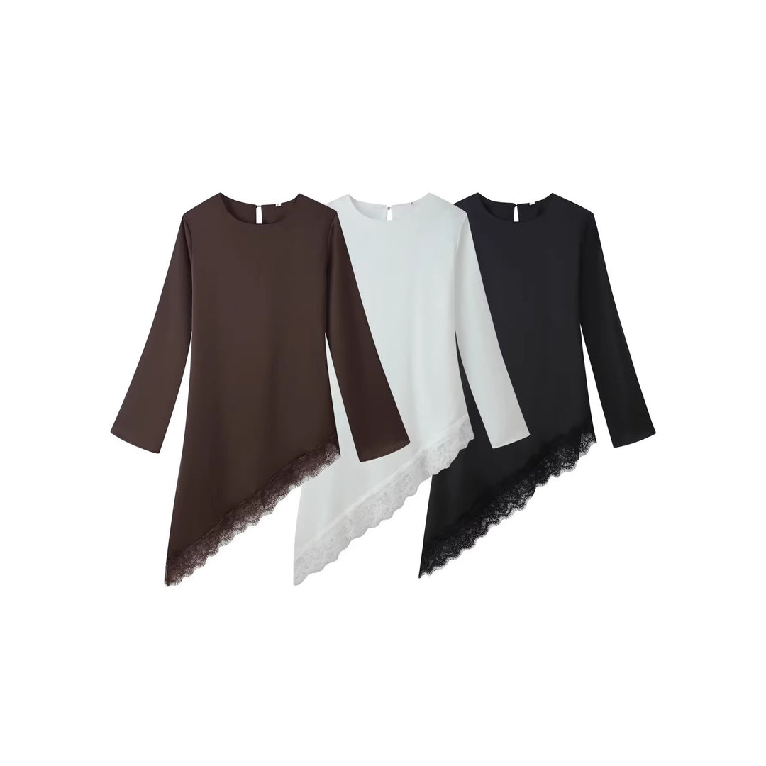 Damen Asymmetrische Langarm-Tunika mit Spitzenbesatz und schrägem Saum Echo Archiv