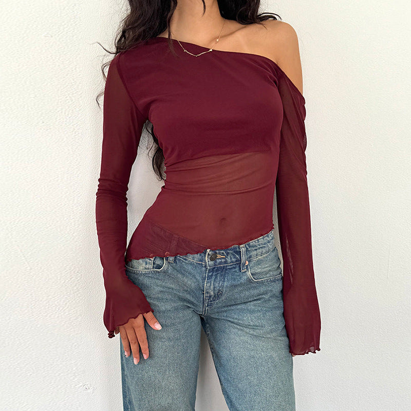Damen asymmetrisches Langarmshirt mit transparenten Ärmeln und figurbetonter Silhouette Echo Archiv