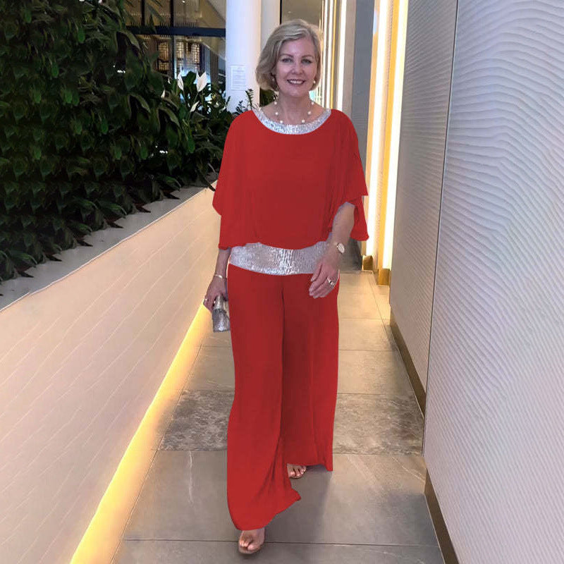 Damen Elegantes Zweiteiliges Abendensemble mit Chiffon-Cape, Paillettenbesatz und Palazzo-Hose Echoarchiv