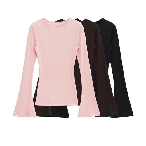 Damen Figurbetontes Rippshirt mit Carmenausschnitt und ausgestellten Schlagärmeln Echoarchiv