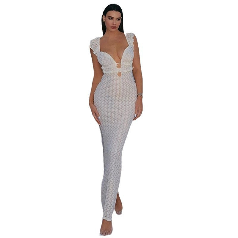Damen Elegantes Spitzenkleid mit tiefem V-Ausschnitt und raffiniertem Schlitz Echo Archiv
