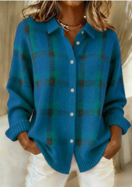 Damen Kariertes Strick-Hemdjacke-Cardigan mit Hemdkragen und gerippten Bündchen Echoarchiv