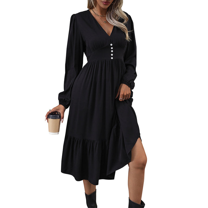 Damen V-Ausschnitt Midikleid mit hoher Taillennaht, langen Ballonärmeln und Volantstufe – Élara