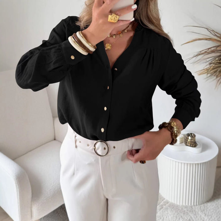 Damen Bluse mit V‑Ausschnitt, geraffter Schulterpasse und Ballonärmeln – Élovi
