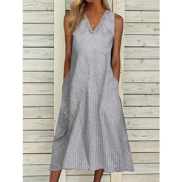 Damen nan ärmelloses A‑Linien Midikleid mit Rüschen-V-Ausschnitt diagonal gestreifter Leinenoptik und seitlichen Eingriffstaschen Echo Archiv