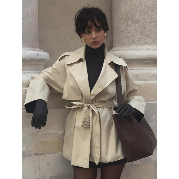Damen Kurzer Taillierter Trench mit Cape-Überwurf und Bindegürtel Echoarchiv