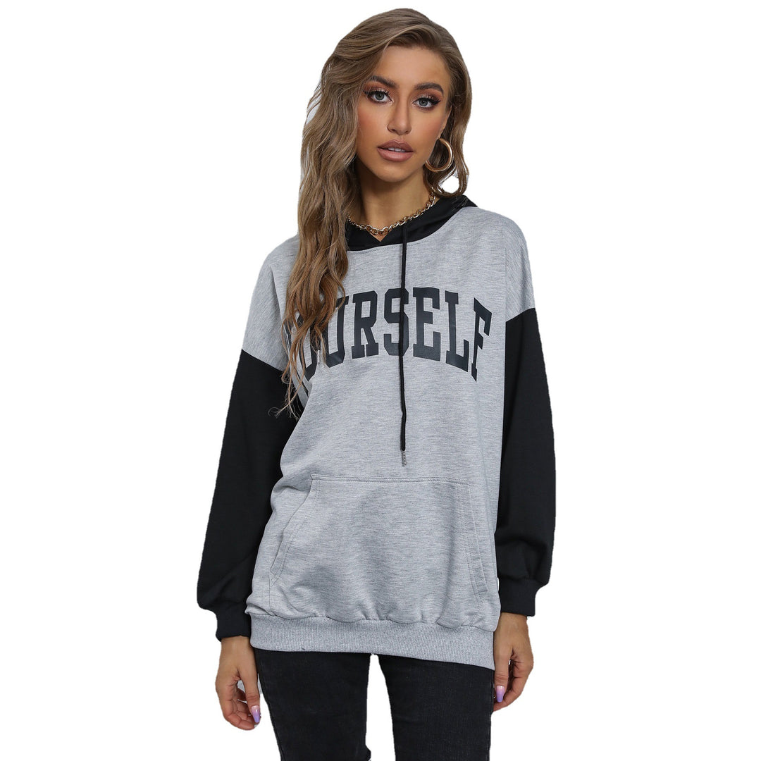 Damen Oversize-Kapuzenpullover mit College-Print, Kängurutasche und Kontrastärmeln Echoarchiv