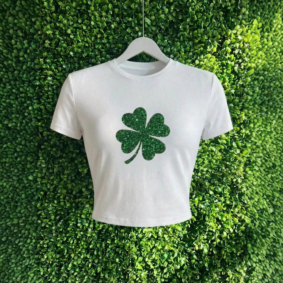 Damen Crop-Top mit Glitzerndem Kleeblatt-Motiv Echo Archiv