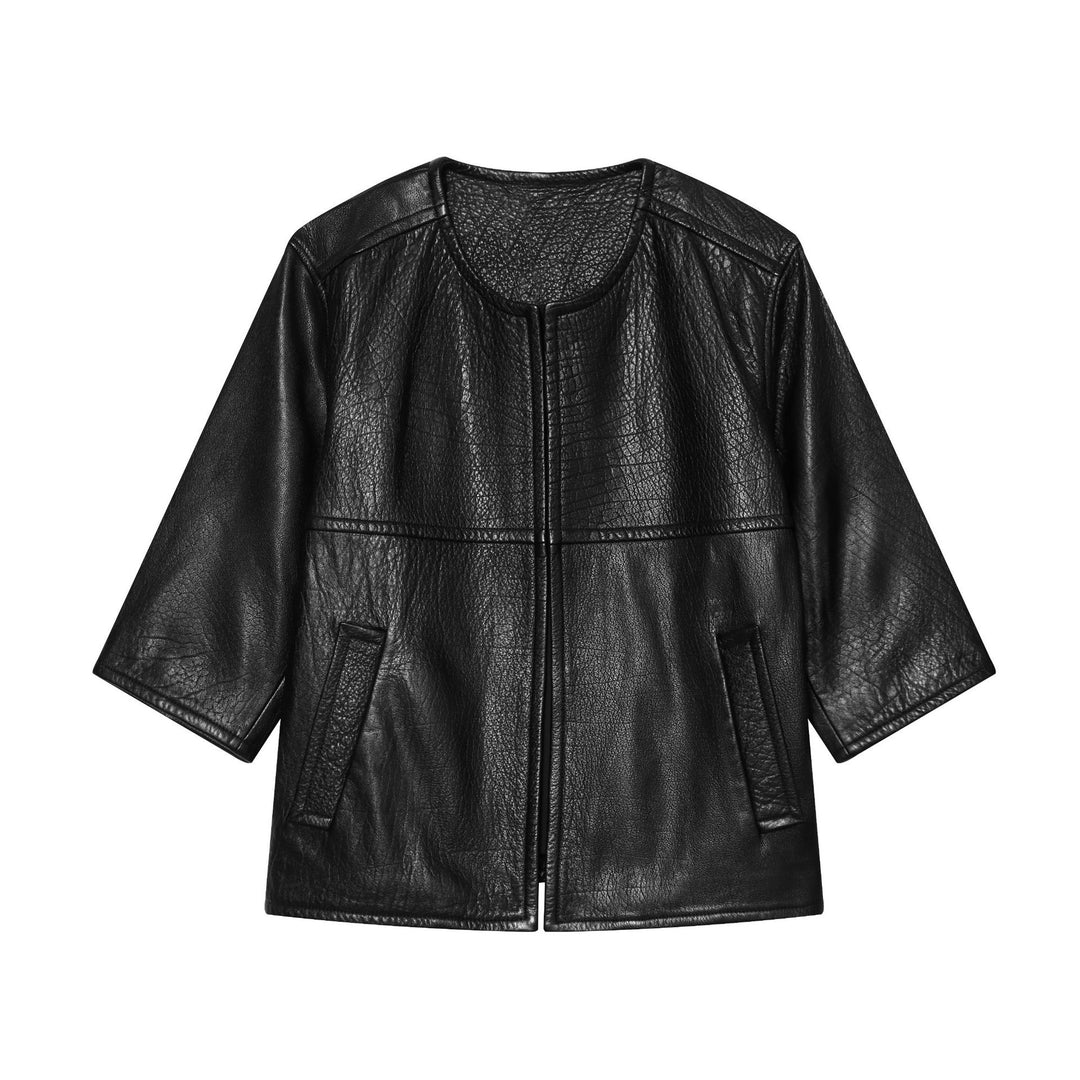Damen Kurzarm-Lederimitatjacke mit Rundhalsausschnitt, geradem Schnitt und Eingrifftaschen Echo Archiv
