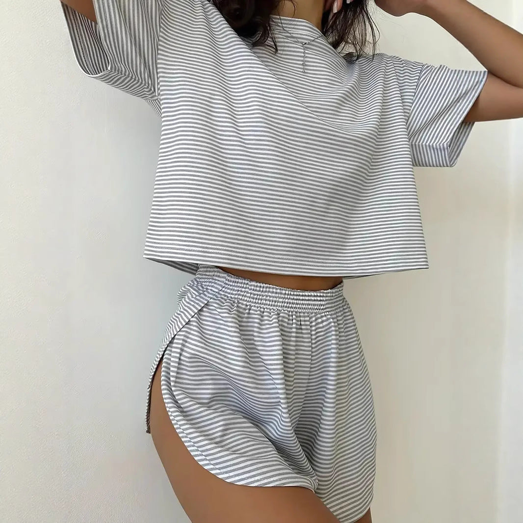 Damen Lässiges Streifen-Set mit weitem T-Shirt und Shorts Echo Archiv