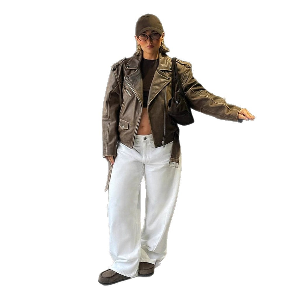 Damen Veloursleder‑Optik Bikerjacke mit Schulterklappen und asymmetrischem Reißverschluss Echoarchiv