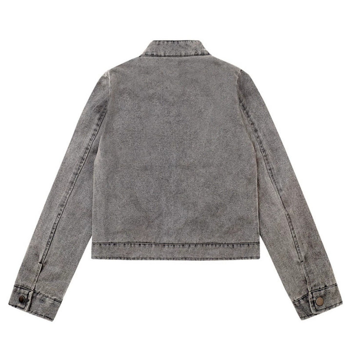 Damen kurze Bikerjacke aus Vintage‑Lederoptik mit Stehkragen und Brustzipper Echoarchiv