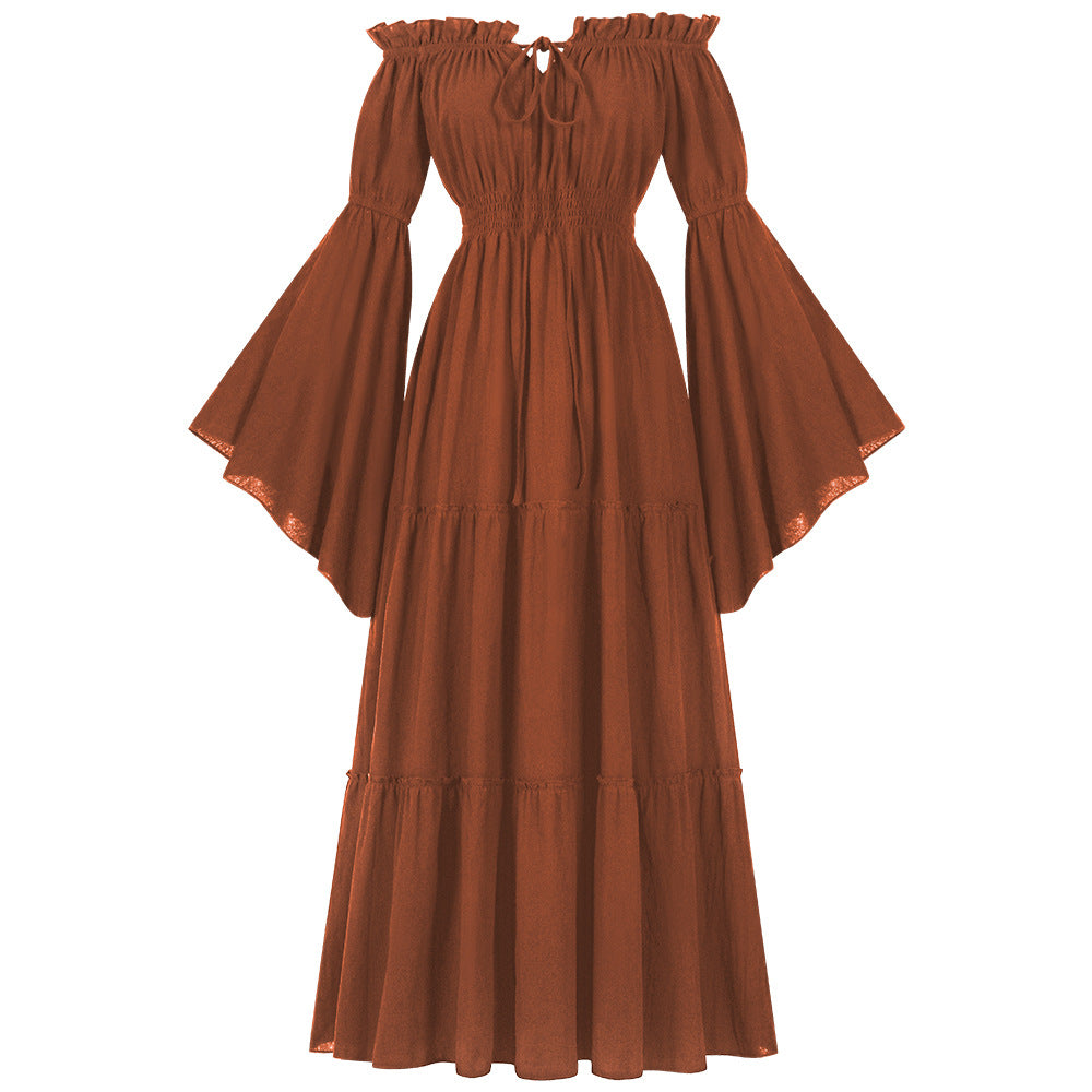 Damen bodenlanges Off-Shoulder Maxikleid mit geraffter Taille, mehrstufigem Rock und weiten Trompetenärmeln – Valéora