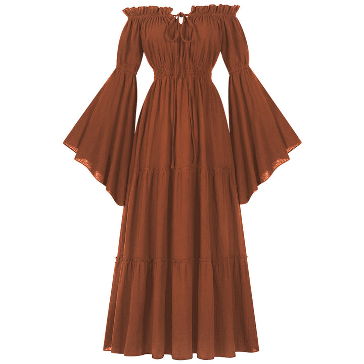 Damen bodenlanges Off-Shoulder Maxikleid mit geraffter Taille, mehrstufigem Rock und weiten Trompetenärmeln – Valéora