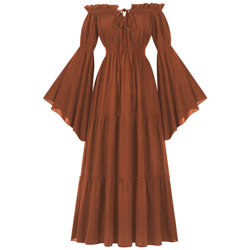 Damen bodenlanges Off-Shoulder Maxikleid mit geraffter Taille, mehrstufigem Rock und weiten Trompetenärmeln – Valéora