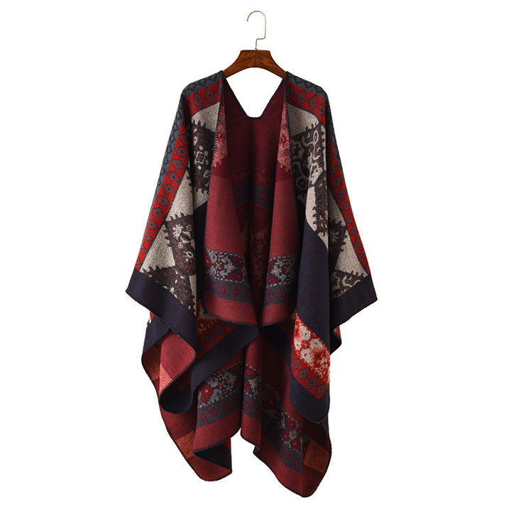 Damen Oversize Strickponcho mit folklorischem Jacquardmuster – Avérine