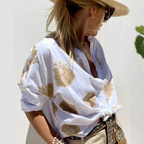 Damen Boho Leinen Bluse mit Perlenstickerei und Knotenband Echoarchiv