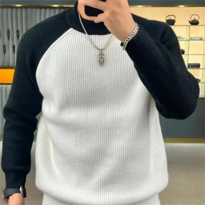 Herren Gerippter Raglan-Pullover mit Kontrastärmeln und kurzem Stehkragen Echoarchiv