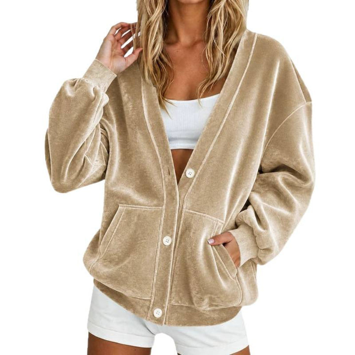 Damen Oversize-Relax-Cardigan aus Velours mit Knopfleiste und Eingrifftaschen Echoarchiv